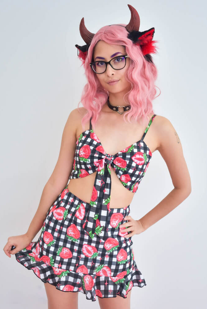 Strawberry Chiffon Mini Skirt - Black 🍓