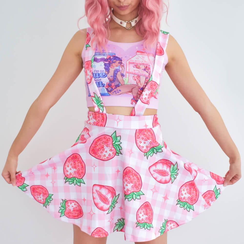 Pastelaxy Strawberry Gingham Picnic Suspender Skirt Pink Red