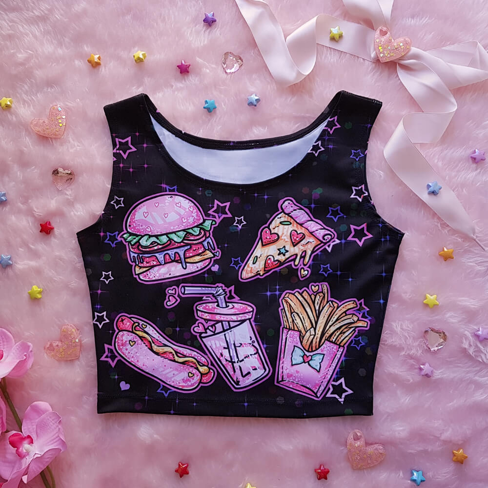 Black Fast Food Sleeveless Crop