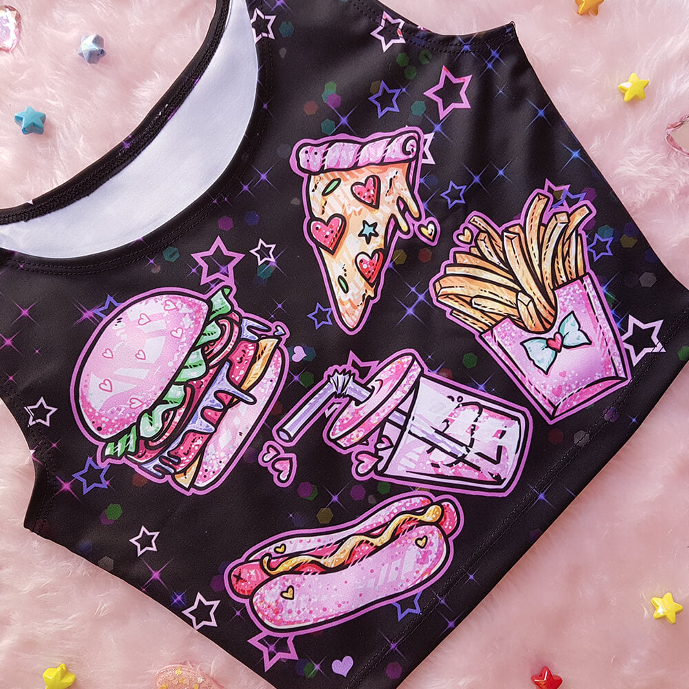 Black Fast Food Sleeveless Crop