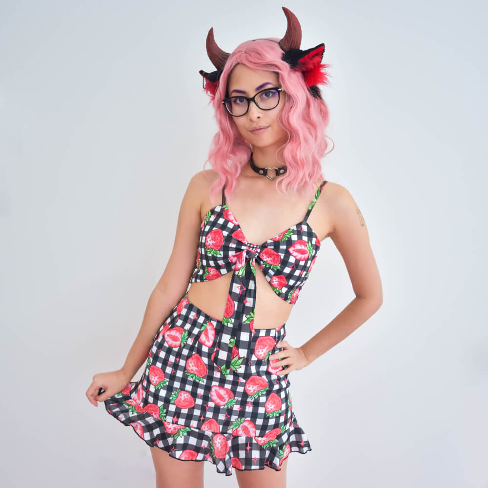 Strawberry Chiffon Mini Skirt - Black 🍓